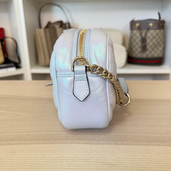 Gucci Chevron Matelasse Small GG Marmont Chain Iridescent Snow Light Blue - Picture 5 of 11